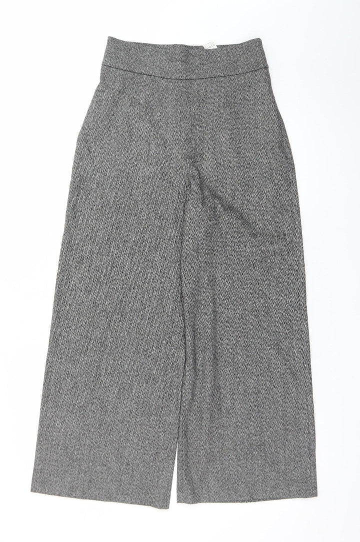 Zara Women Grey Herringbone Wide-Leg Cropped Trousers XS