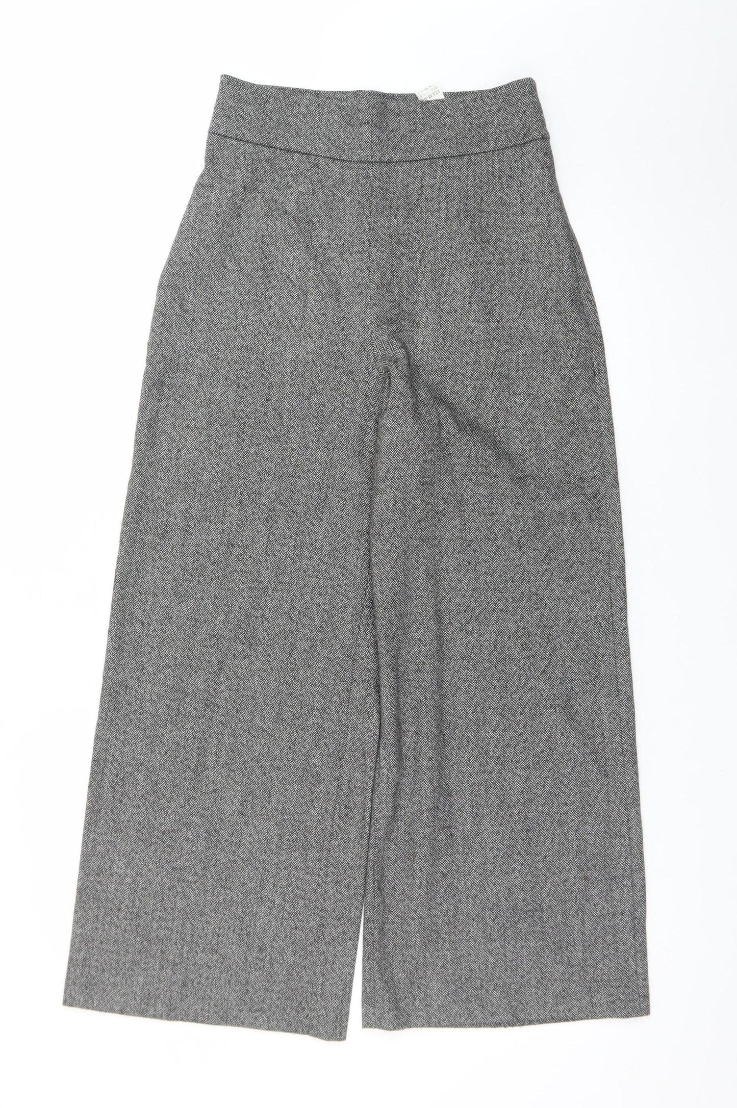 Zara Women Grey Herringbone Wide-Leg Cropped Trousers XS