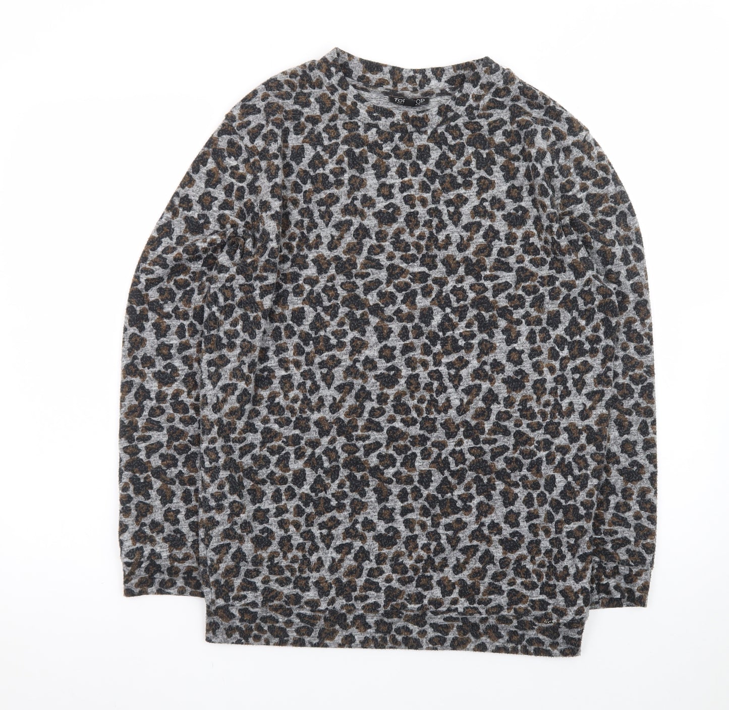 Topshop Women’s Grey Leopard Print Long Sleeve Jersey Top Size 8