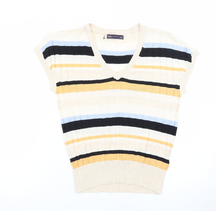 Marks and Spencer Women's Multicoloured V-Neck Striped Short Sleeve Jumper M