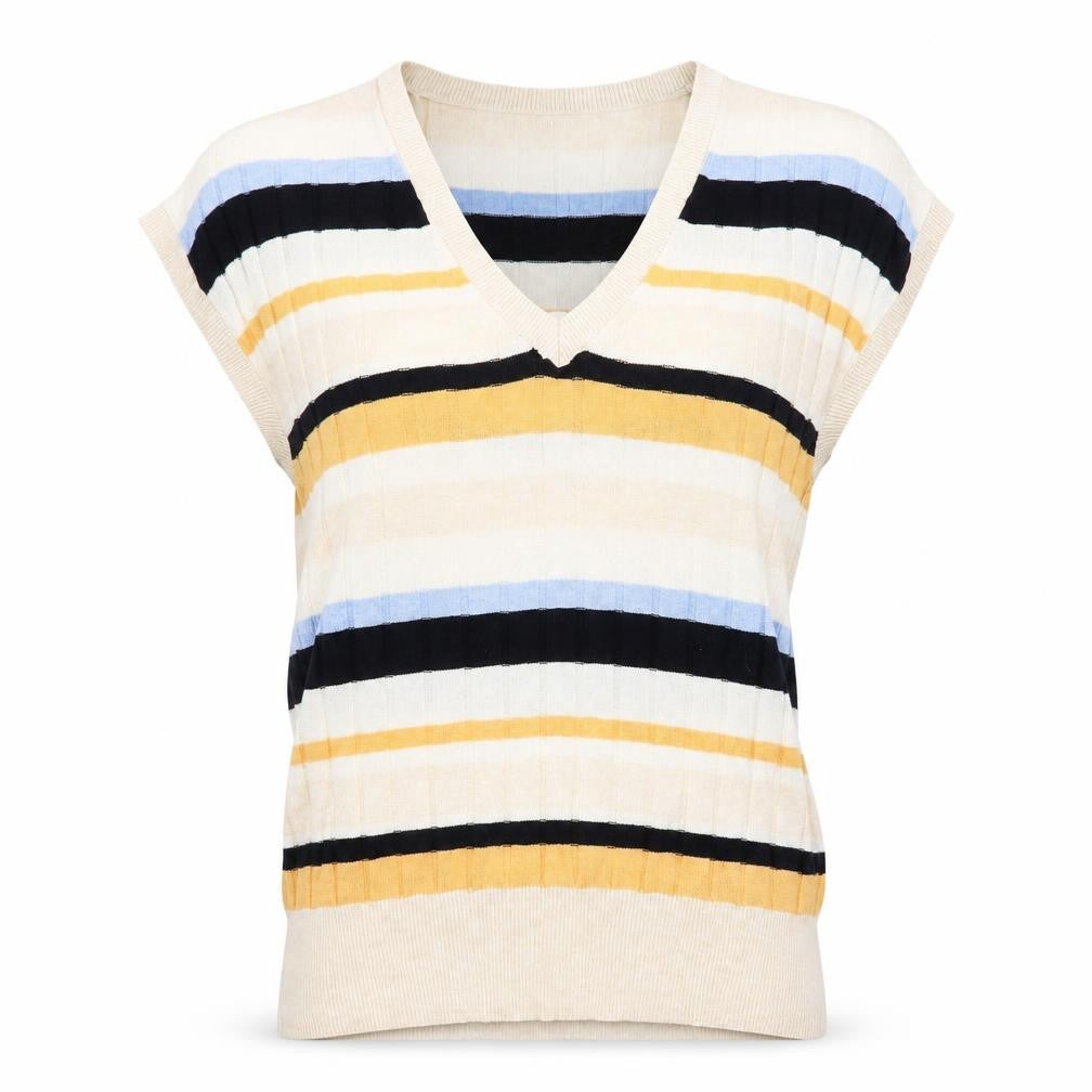 Front view of Marks & Spencer Women's Multicoloured V-Neck Striped Short Sleeve Jumper M