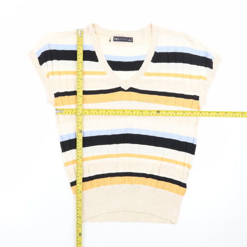 Marks and Spencer Women's Multicoloured V-Neck Striped Short Sleeve Jumper M