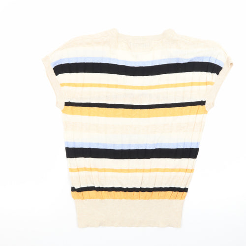 Marks and Spencer Women's Multicoloured V-Neck Striped Short Sleeve Jumper M