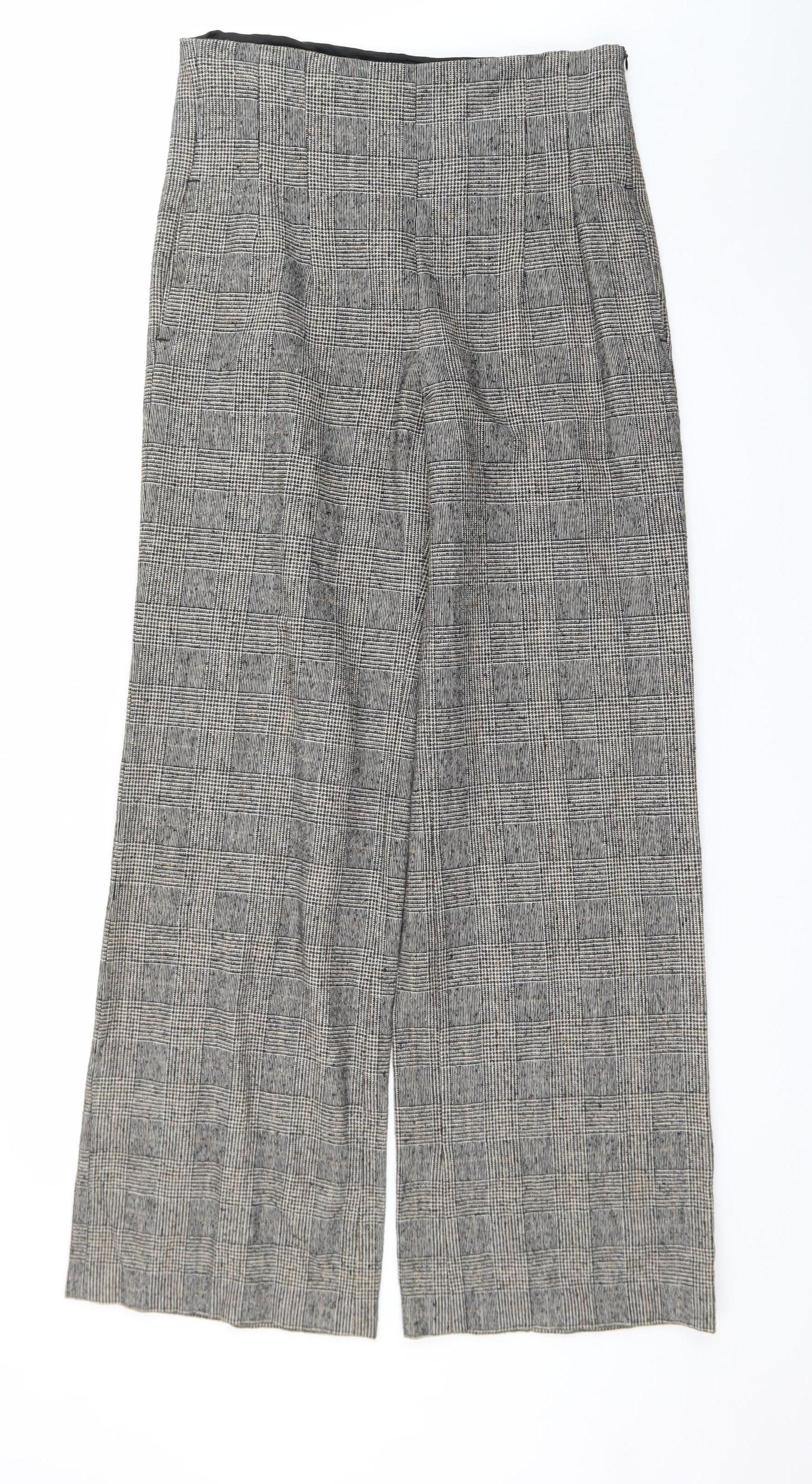 Zara Women Grey Check Wide-Leg Trousers Size 14