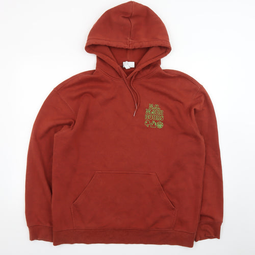 H&M Men's Rust Red Relaxed Fit Hoodie L Graphic Print Cotton Blend