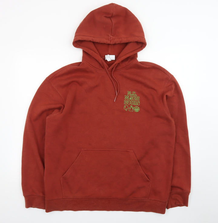 H&M Men's Rust Red Relaxed Fit Hoodie L Graphic Print Cotton Blend