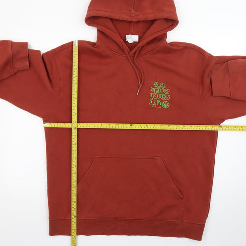 H&M Men's Rust Red Relaxed Fit Hoodie L Graphic Print Cotton Blend