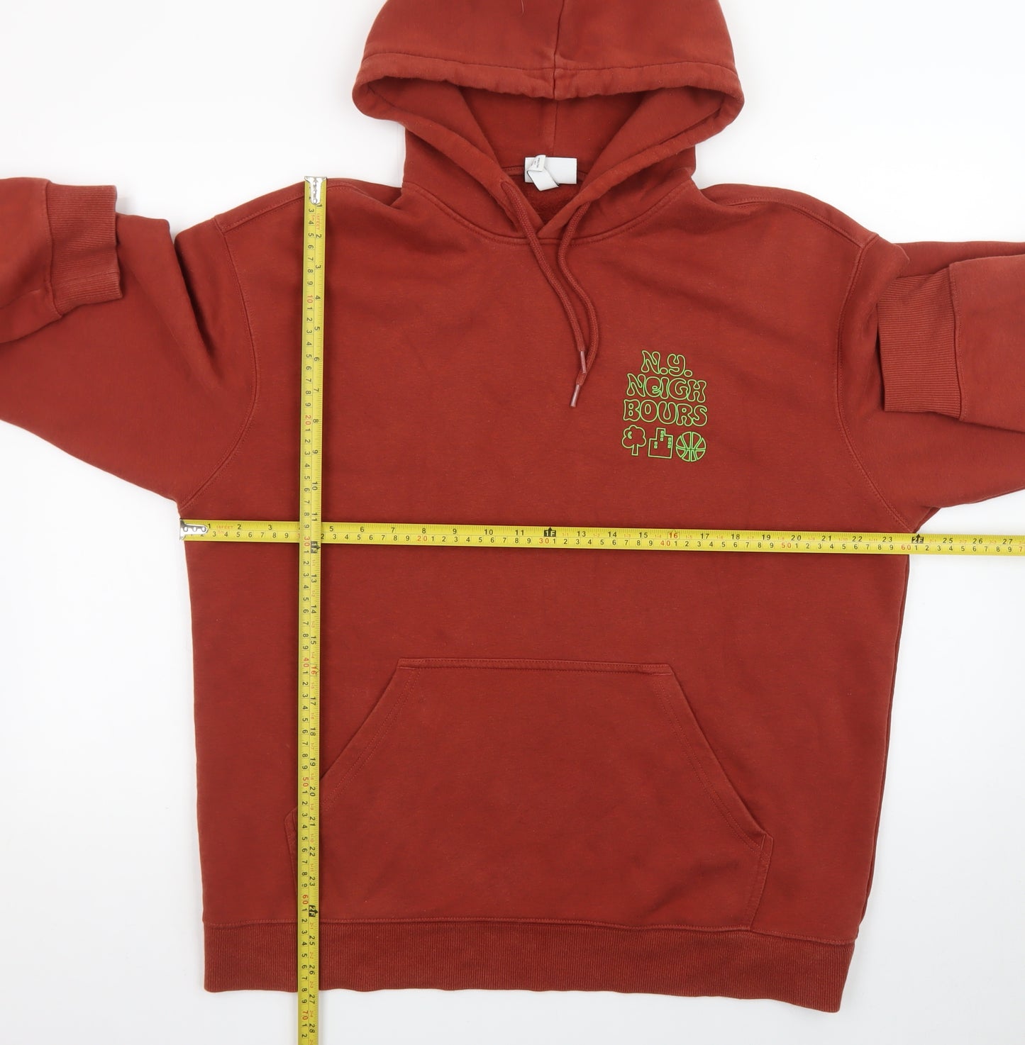 H&M Men's Rust Red Relaxed Fit Hoodie L Graphic Print Cotton Blend
