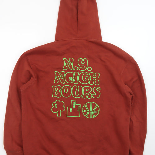 H&M Men's Rust Red Relaxed Fit Hoodie L Graphic Print Cotton Blend