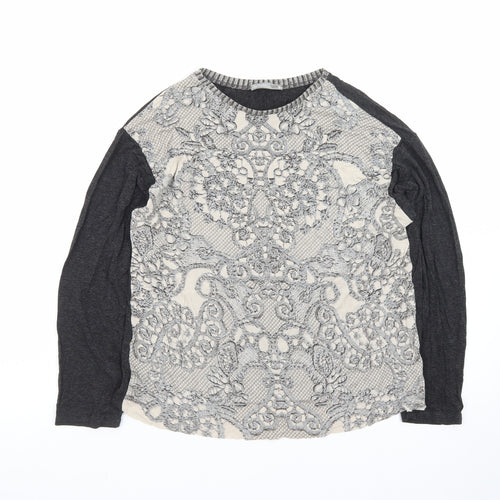 Zara Women Grey Lace Front Long Sleeve Jersey T-Shirt L