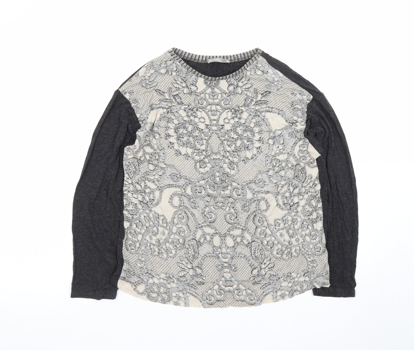 Zara Women Grey Lace Front Long Sleeve Jersey T-Shirt L