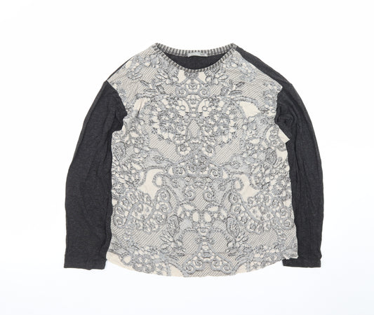 Zara Women Grey Lace Front Long Sleeve Jersey T-Shirt L