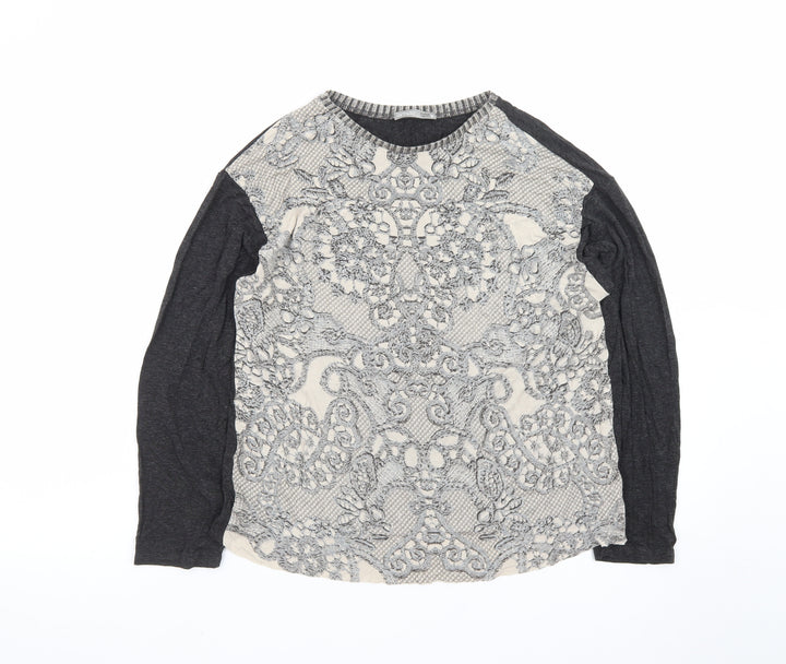 Zara Women Grey Lace Front Long Sleeve Jersey T-Shirt L