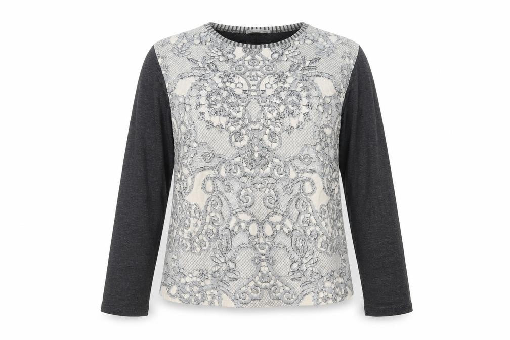 Zara Women Grey Lace Front Long Sleeve Jersey T-Shirt L
