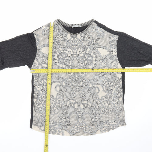Zara Women Grey Lace Front Long Sleeve Jersey T-Shirt L