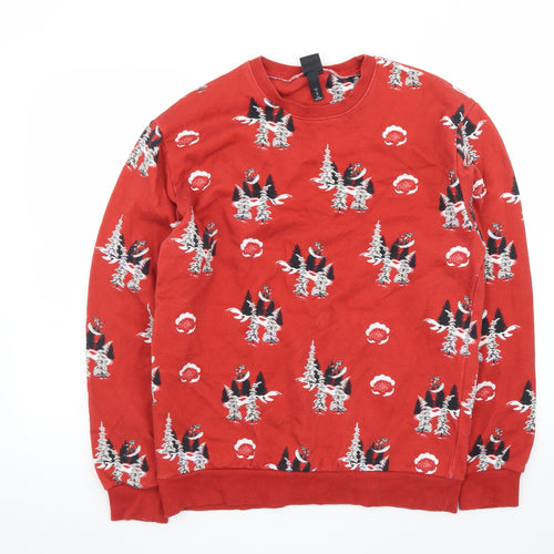 H&M Women Red Christmas Graphic Long Sleeve Cotton Jumper M