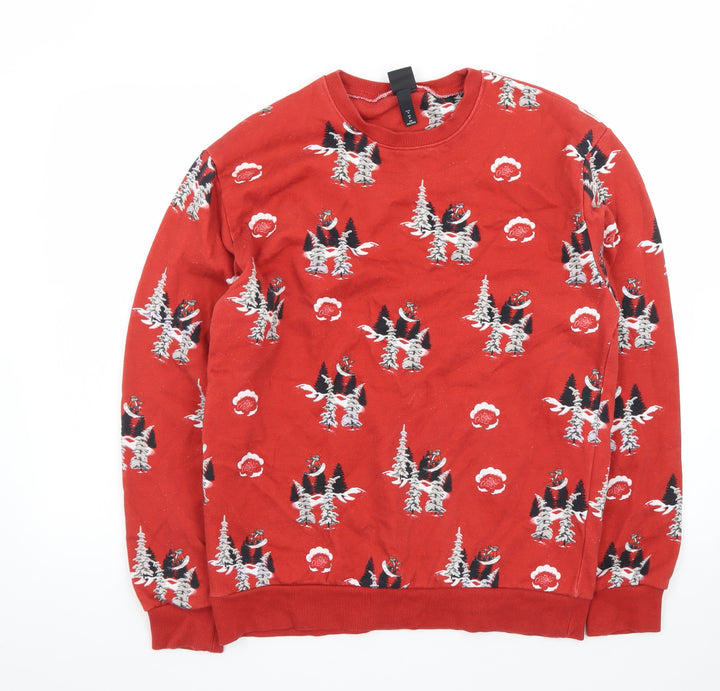 H&M Women Red Christmas Graphic Long Sleeve Cotton Jumper M