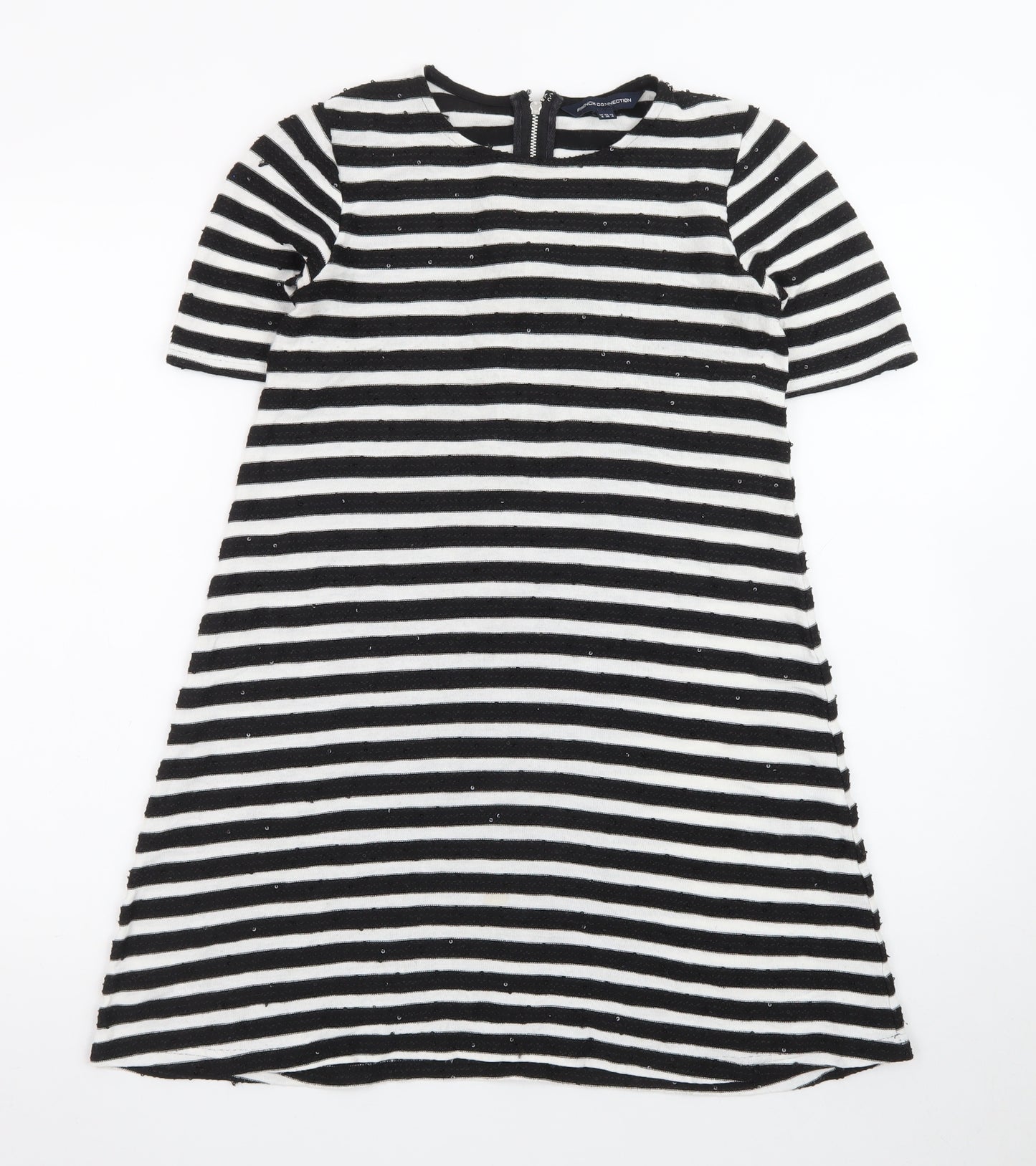 French Connection Women's Black White Striped Shift Dress Size 8