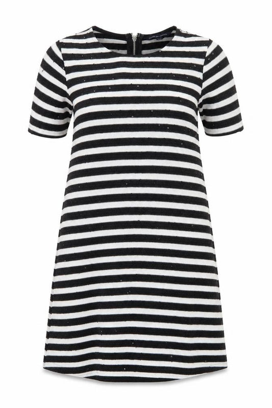 Front view of French Connection Women's Black White Striped Shift Dress, size 8