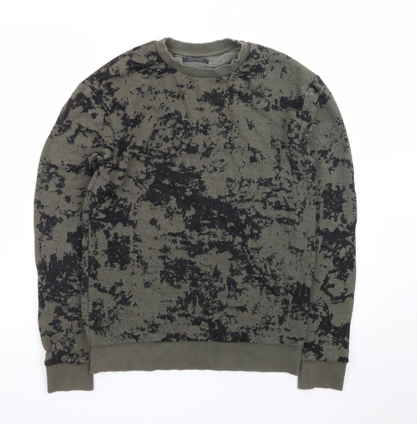 Zara Man Green Camouflage Crew Neck Pullover Sweatshirt Size S