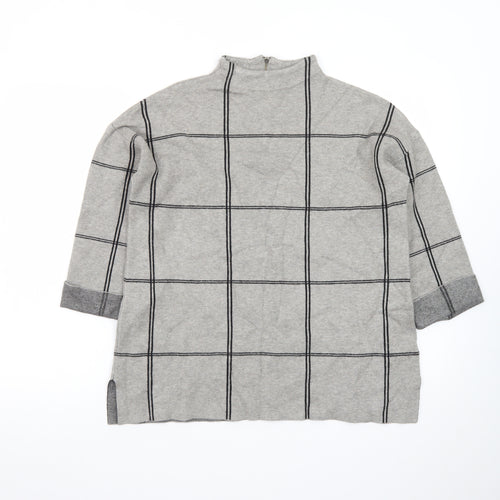 Tahari Women Grey Check Tunic Top Mock Neck 3/4 Sleeve Size M