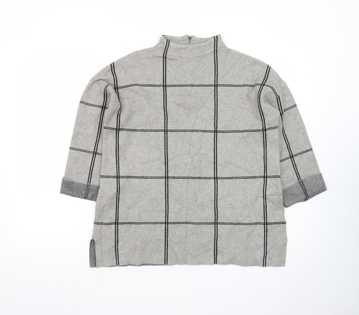 Tahari Women Grey Check Tunic Top Mock Neck 3/4 Sleeve Size M