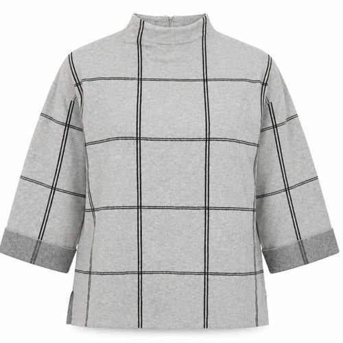 Tahari Women Grey Check Tunic Top Mock Neck 3/4 Sleeve Size M