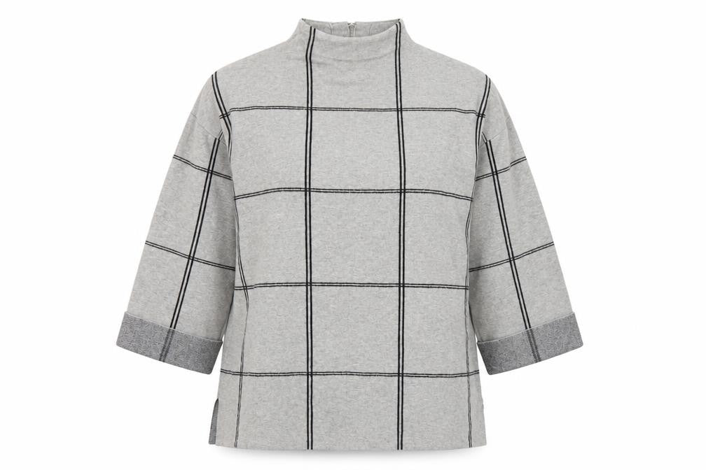 Tahari Women Grey Check Tunic Top Mock Neck 3/4 Sleeve Size M