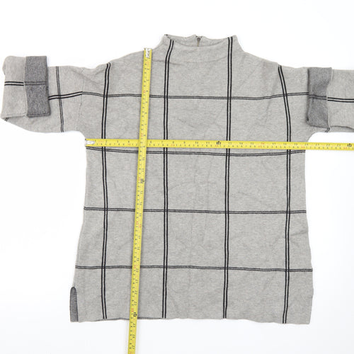 Tahari Women Grey Check Tunic Top Mock Neck 3/4 Sleeve Size M