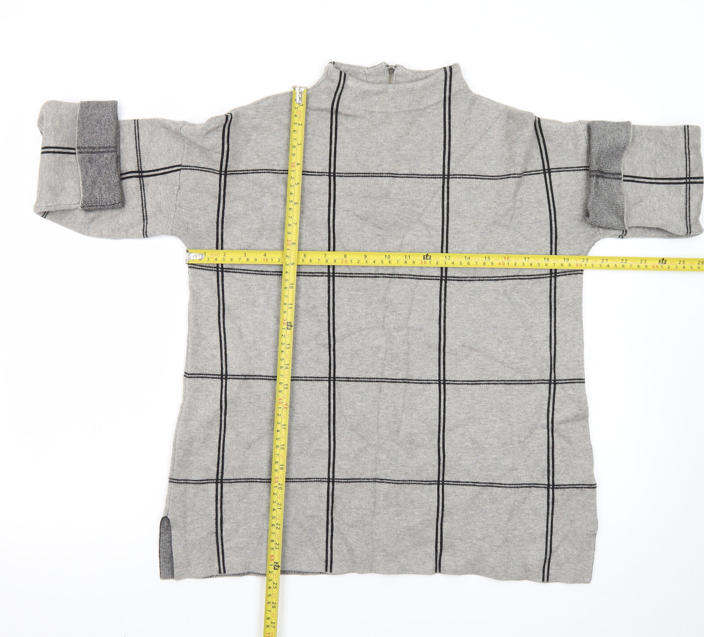 Tahari Women Grey Check Tunic Top Mock Neck 3/4 Sleeve Size M
