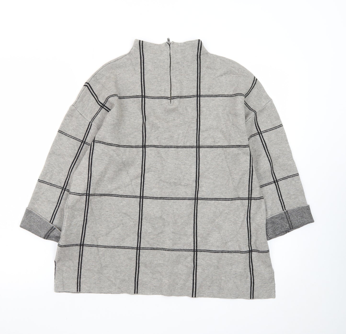 Tahari Women Grey Check Tunic Top Mock Neck 3/4 Sleeve Size M