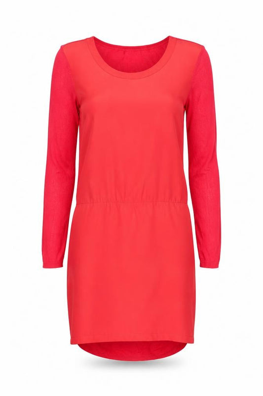 Front view of Mango Women’s Red Shift Dress Long Sleeve, size S, Casual Classic