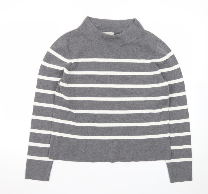 Hobbs Women’s Grey Striped Mock Neck Cotton Jumper Size M