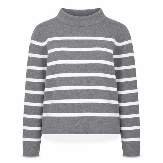 Front view of Hobbs Women’s Grey Striped Mock Neck Cotton Jumper, size M