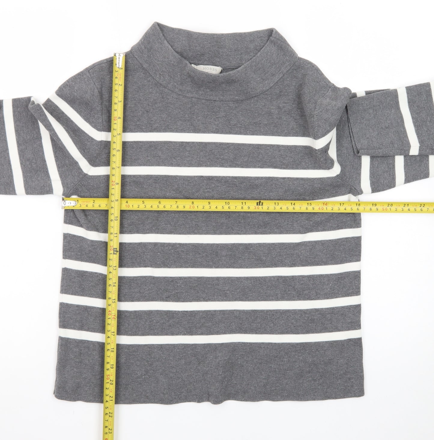 Hobbs Women’s Grey Striped Mock Neck Cotton Jumper Size M