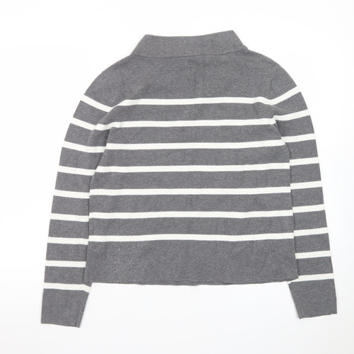 Hobbs Women’s Grey Striped Mock Neck Cotton Jumper Size M