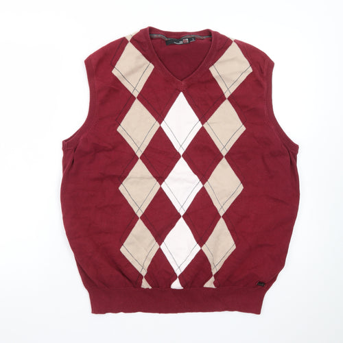 Colin Montgomerie Men's Red Argyle Cotton V-Neck Golf Vest L