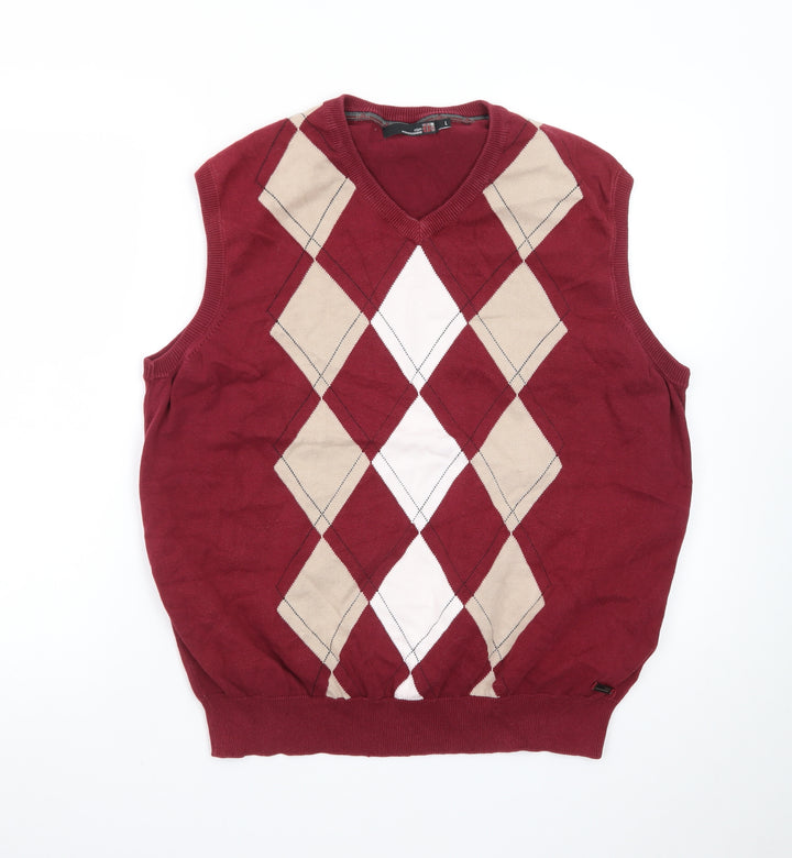 Colin Montgomerie Men's Red Argyle Cotton V-Neck Golf Vest L