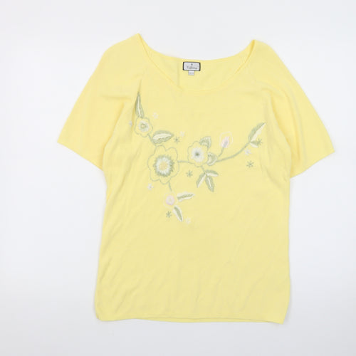 Tiffany Womens Yellow Floral Embroidered Knit T-Shirt Size 18/20
