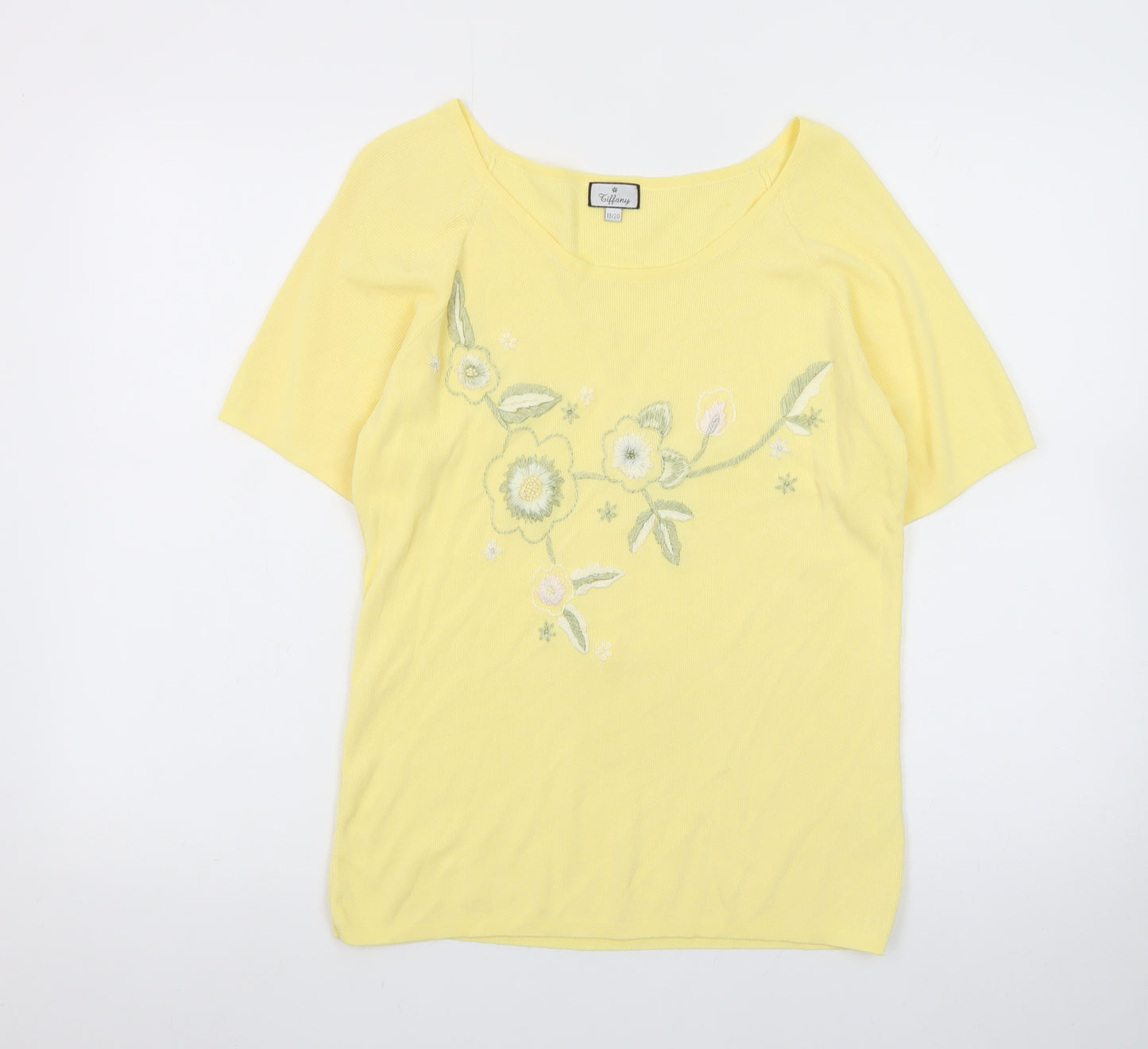 Tiffany Womens Yellow Floral Embroidered Knit T-Shirt Size 18/20