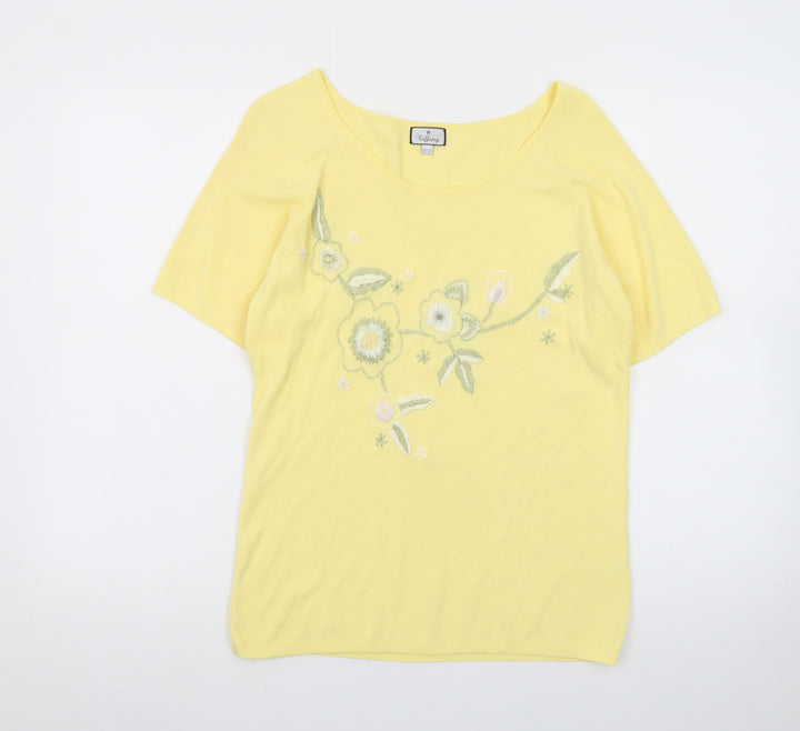 Tiffany Womens Yellow Floral Embroidered Knit T-Shirt Size 18/20
