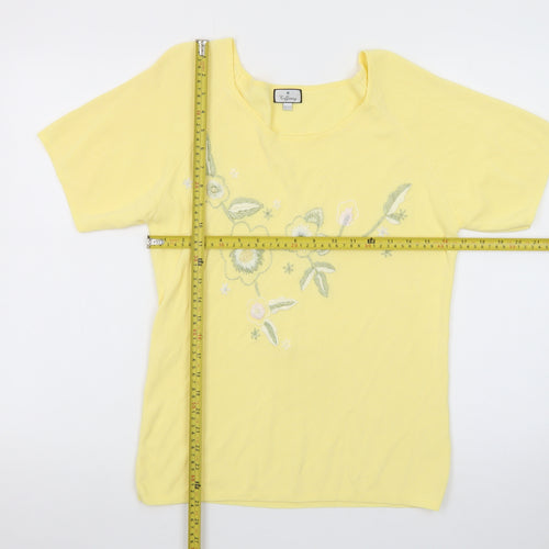 Tiffany Womens Yellow Floral Embroidered Knit T-Shirt Size 18/20
