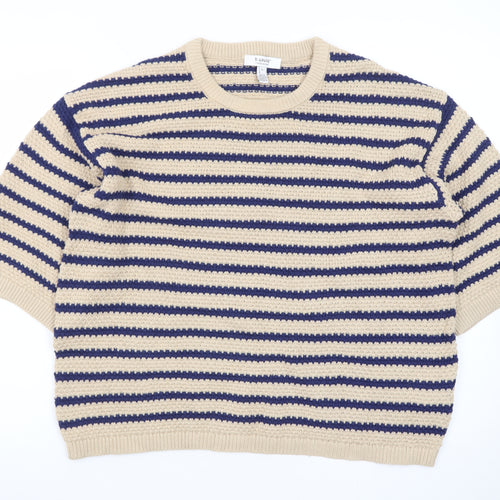 b.young Men's Beige Striped Cotton Short Sleeve Crew Neck Pullover Jumper L