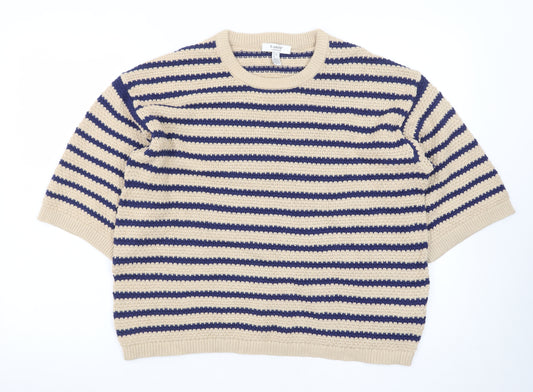 b.young Men's Beige Striped Cotton Short Sleeve Crew Neck Pullover Jumper L
