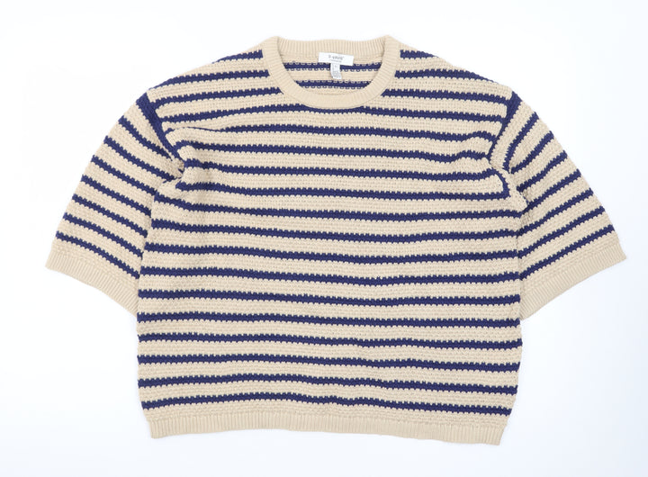 b.young Men's Beige Striped Cotton Short Sleeve Crew Neck Pullover Jumper L