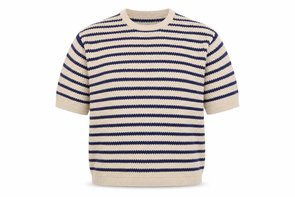 Front view of b.young Men's Beige Striped Cotton Short Sleeve Crew Neck jumper L
