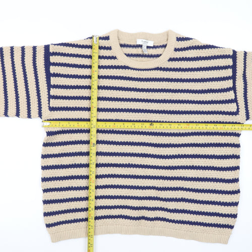 b.young Men's Beige Striped Cotton Short Sleeve Crew Neck Pullover Jumper L