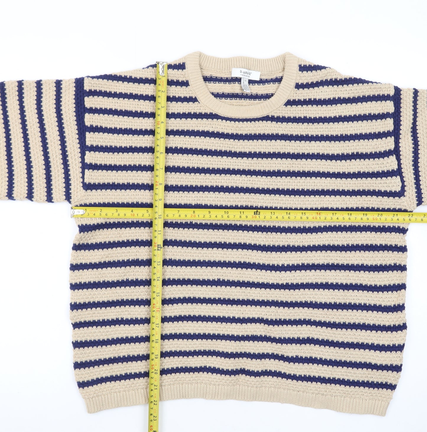 b.young Men's Beige Striped Cotton Short Sleeve Crew Neck Pullover Jumper L