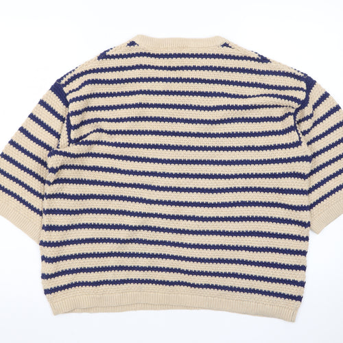 b.young Men's Beige Striped Cotton Short Sleeve Crew Neck Pullover Jumper L