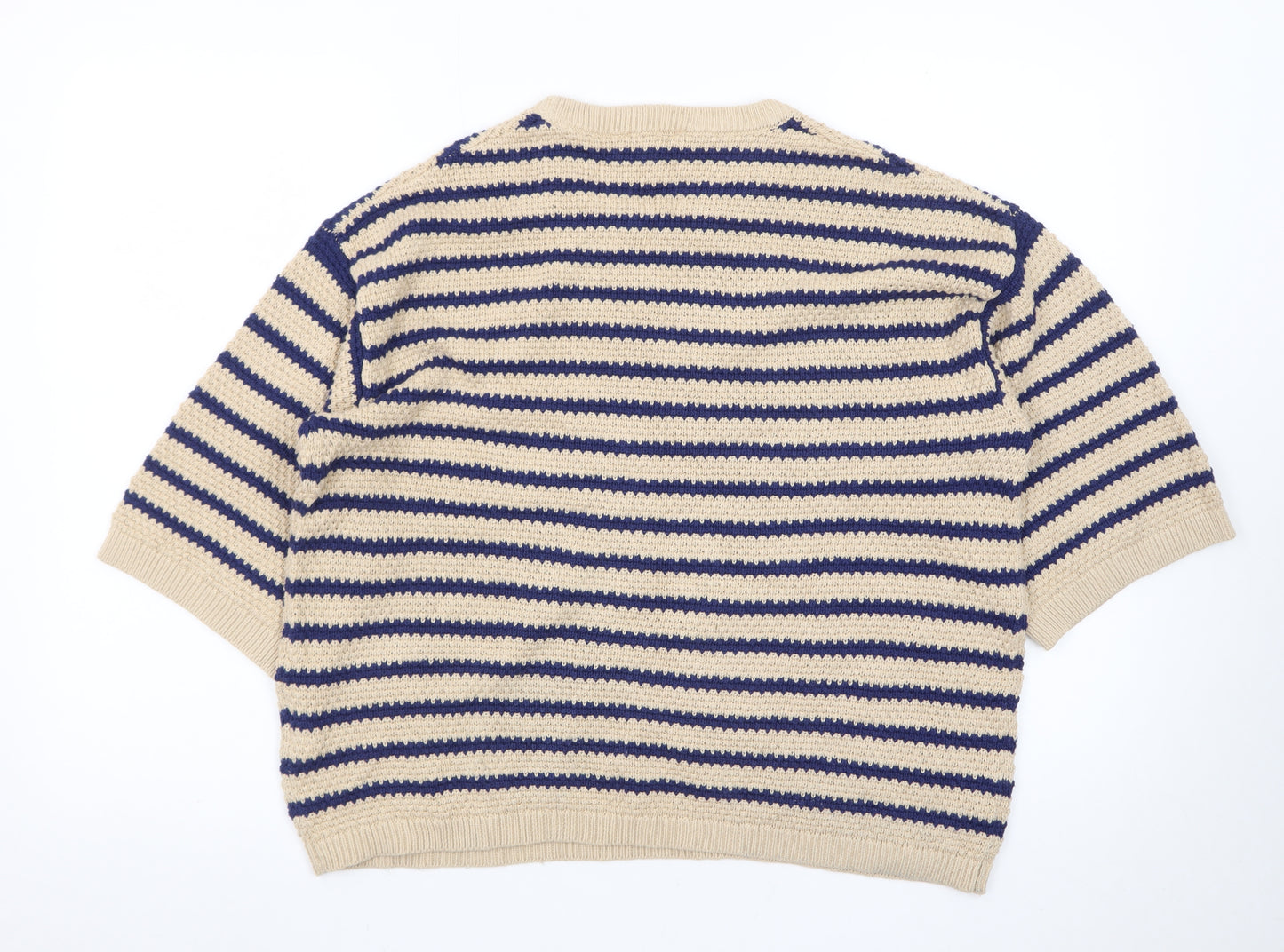 b.young Men's Beige Striped Cotton Short Sleeve Crew Neck Pullover Jumper L
